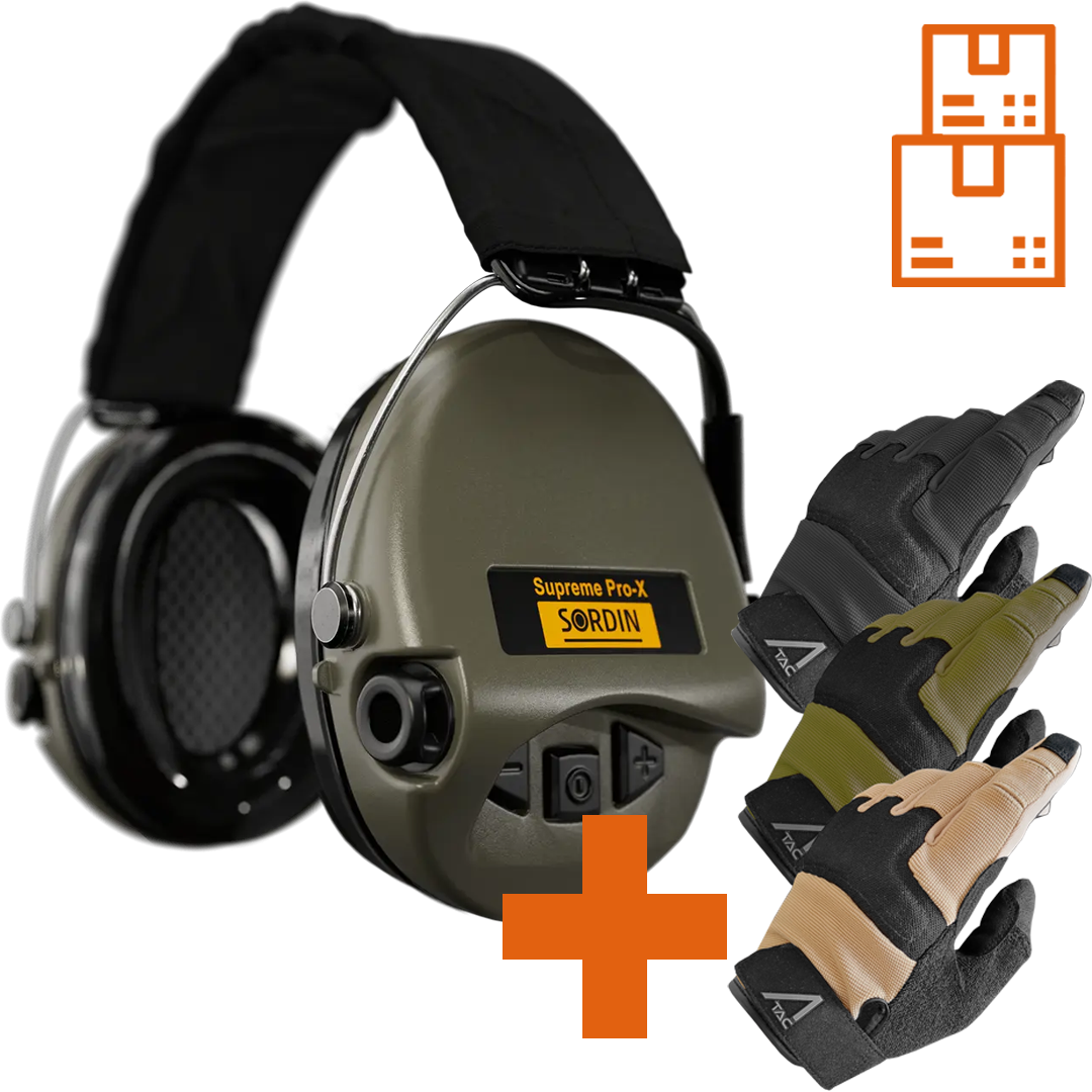 Sordin Supreme Pro-X Active Shooting Earmuff with Black Headband & Gel Cushions with ACE Schakal Gloves