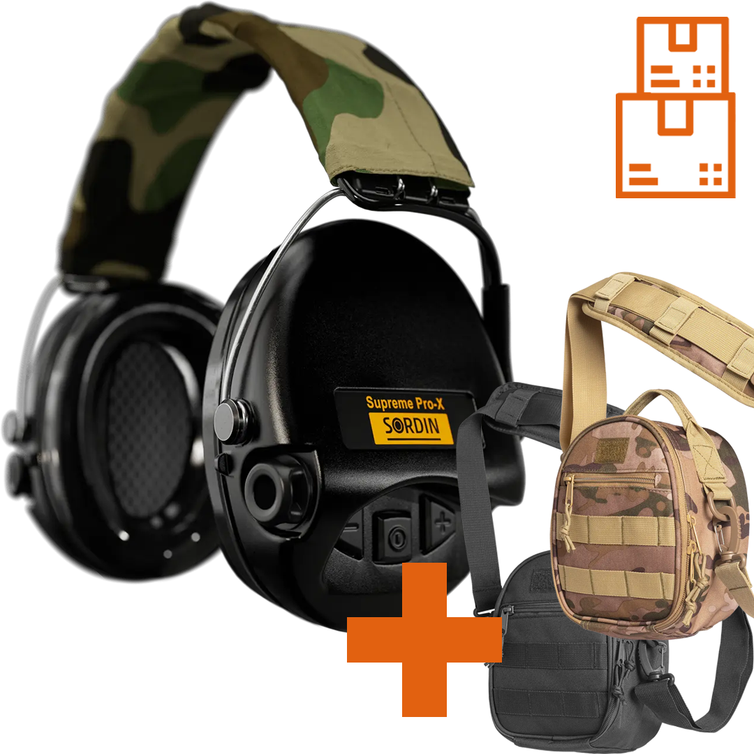 Sordin Supreme Pro-X Active Shooting Earmuff with Gel Cushions, Camo Headband with ACE Schakal Bag