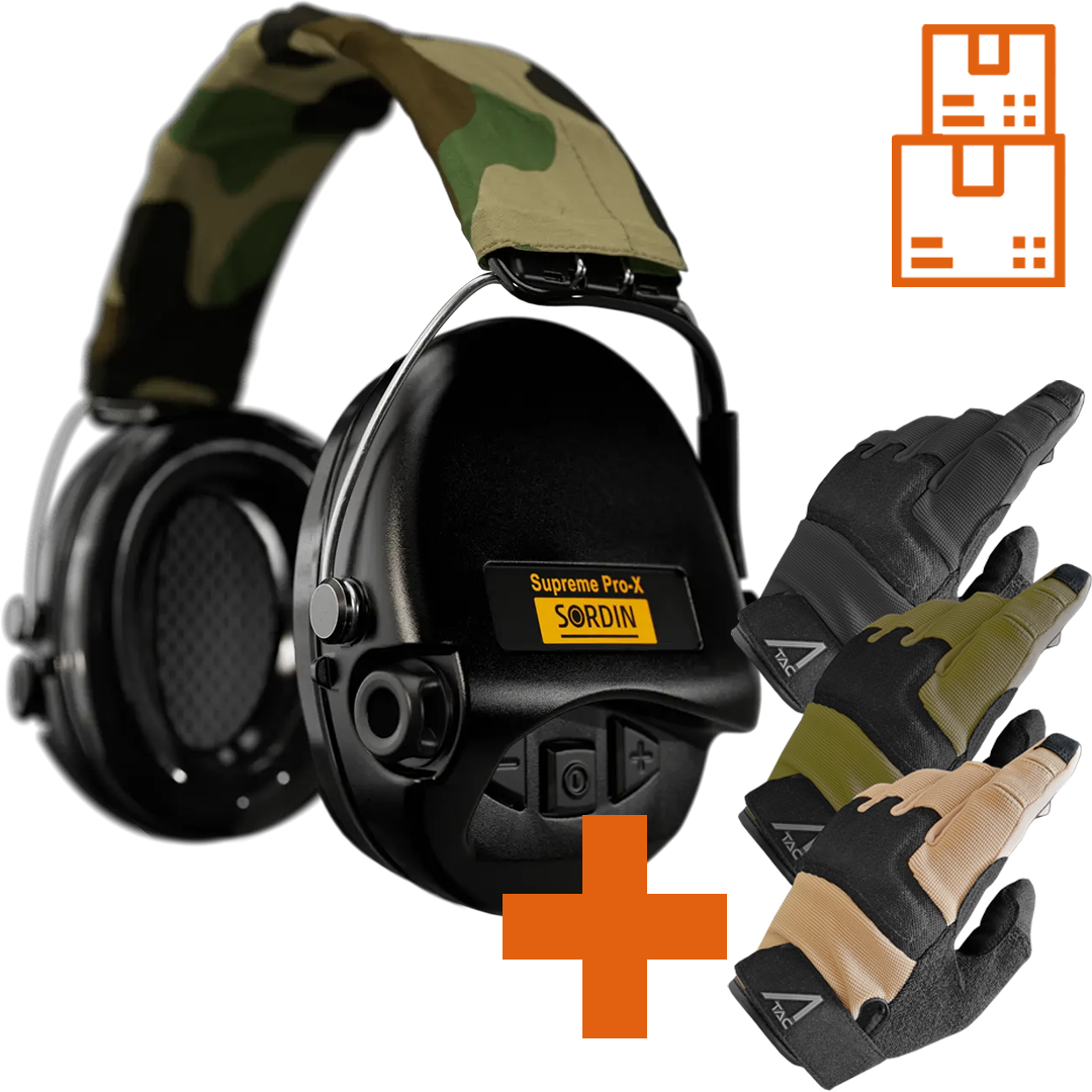 Sordin Supreme Pro-X Active Shooting Earmuff with Gel Cushions, Camo Headband with ACE Schakal Gloves