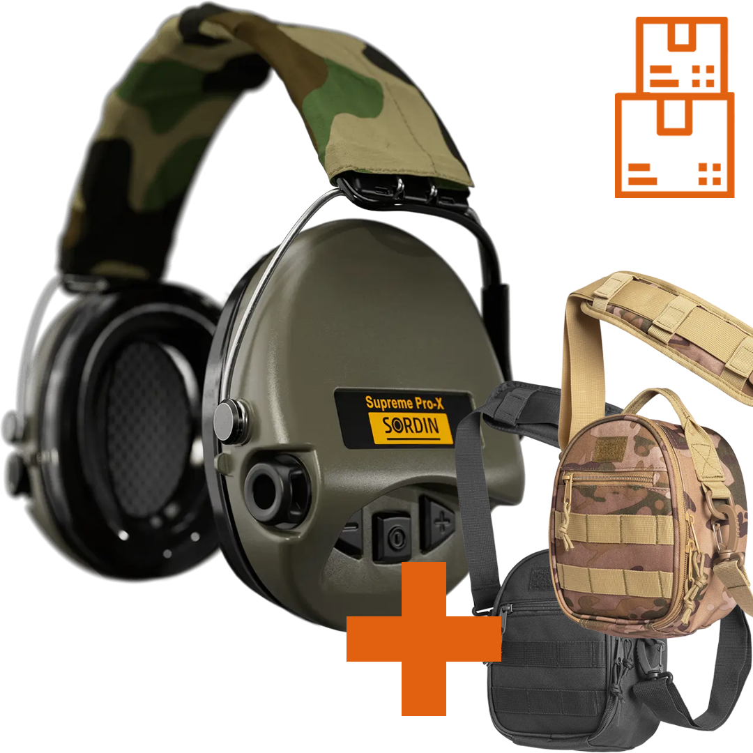 Sordin Supreme Pro-X Active Shooting Earmuff with Gel Cushions, Camo Headband with ACE Schakal Bag