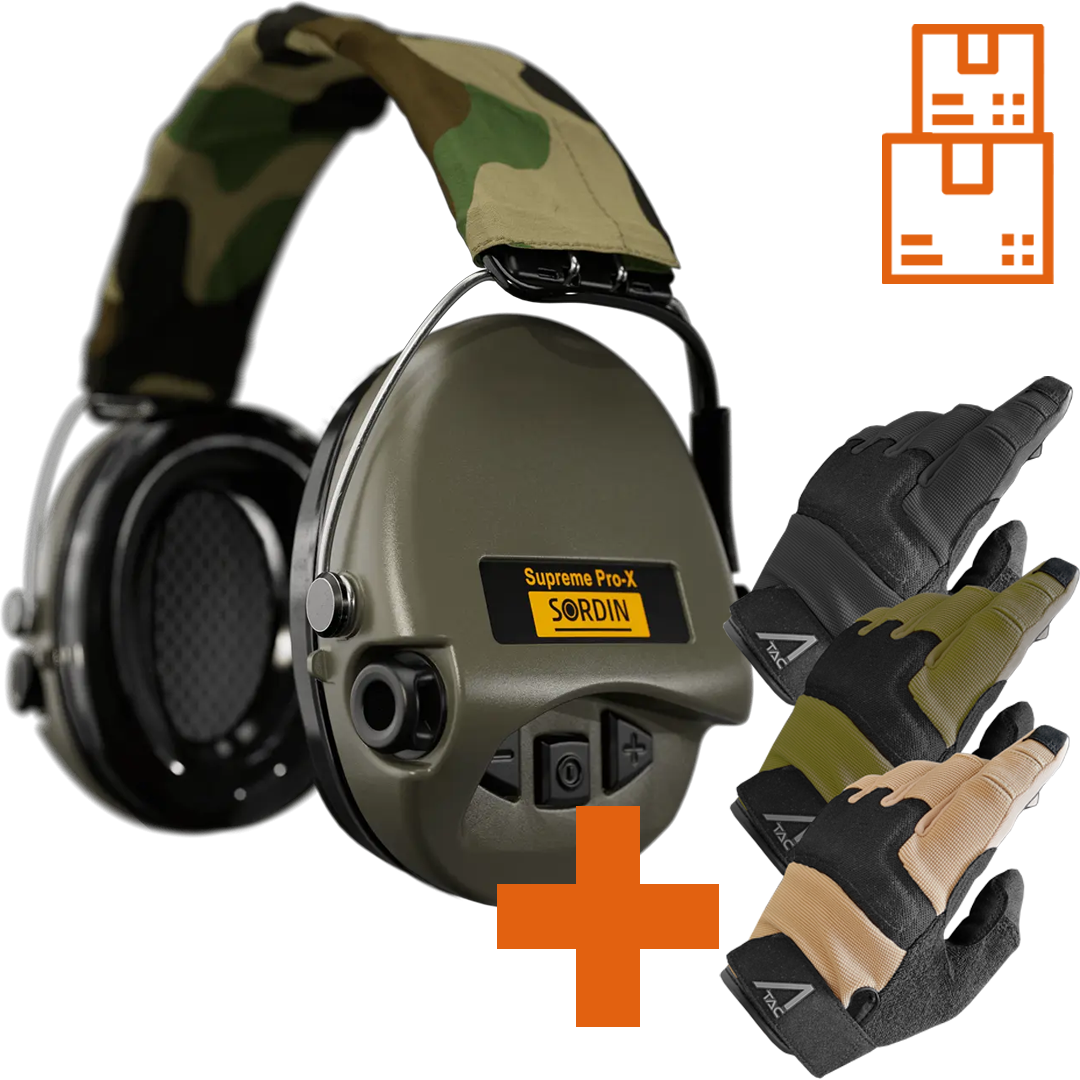 Sordin Supreme Pro-X Active Shooting Earmuff with Gel Cushions, Camo Headband with ACE Schakal Gloves