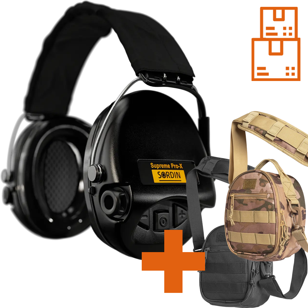 Sordin Supreme Pro-X Active Shooting Earmuff with Black Headband & Gel Cushions with ACE Schakal Bag