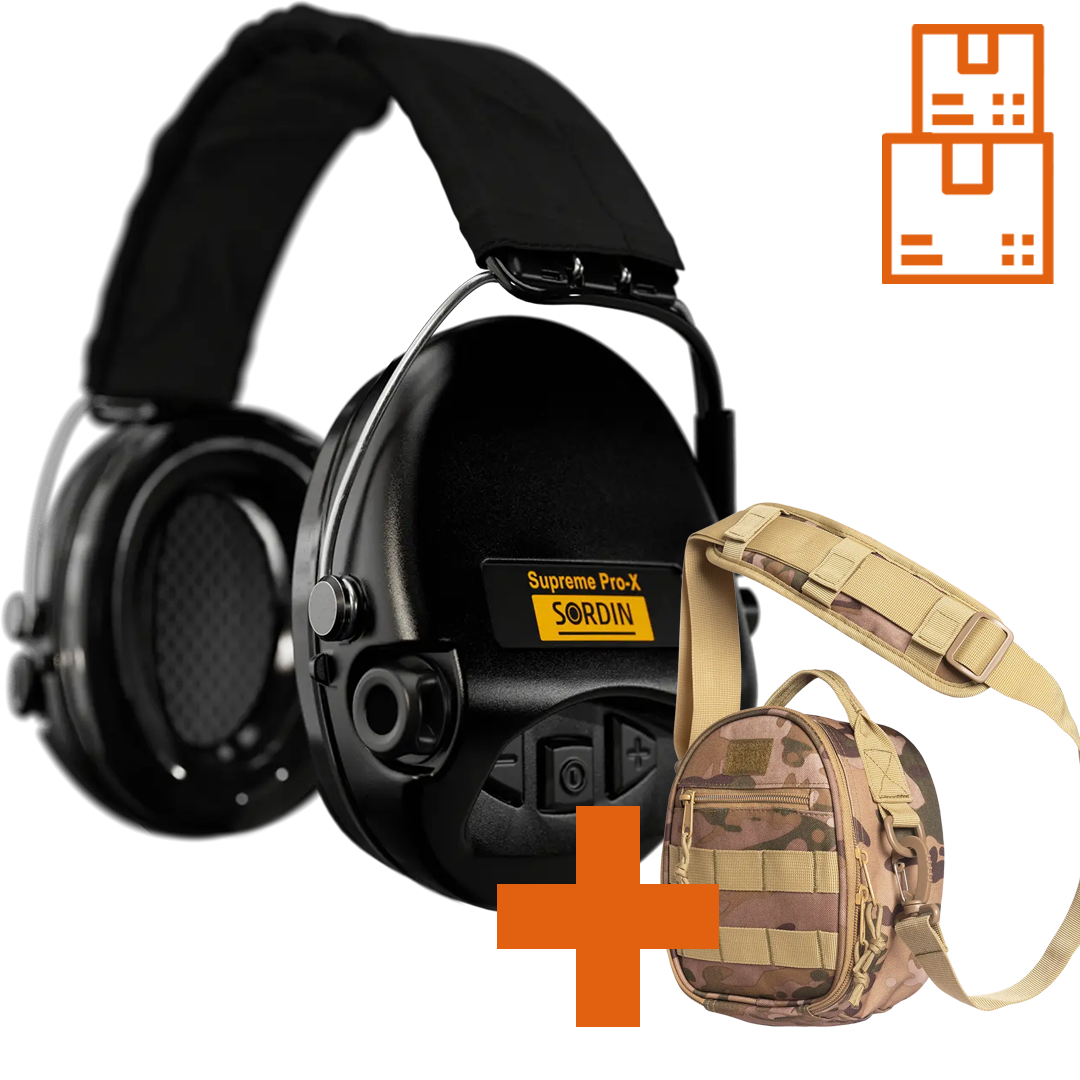 Sordin Supreme Pro-X Active Hearing Protection with Black Headband, Gel Cushions and ACE Schakal Bag