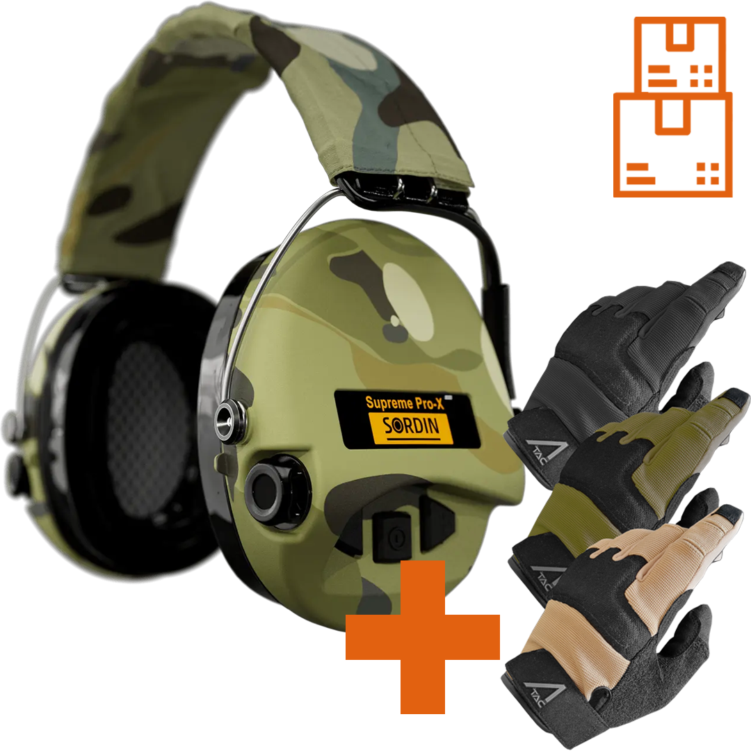 Sordin Supreme Pro-X LED Active Shooting Earmuff LED Light & Gel Cushions with ACE Schakal Gloves