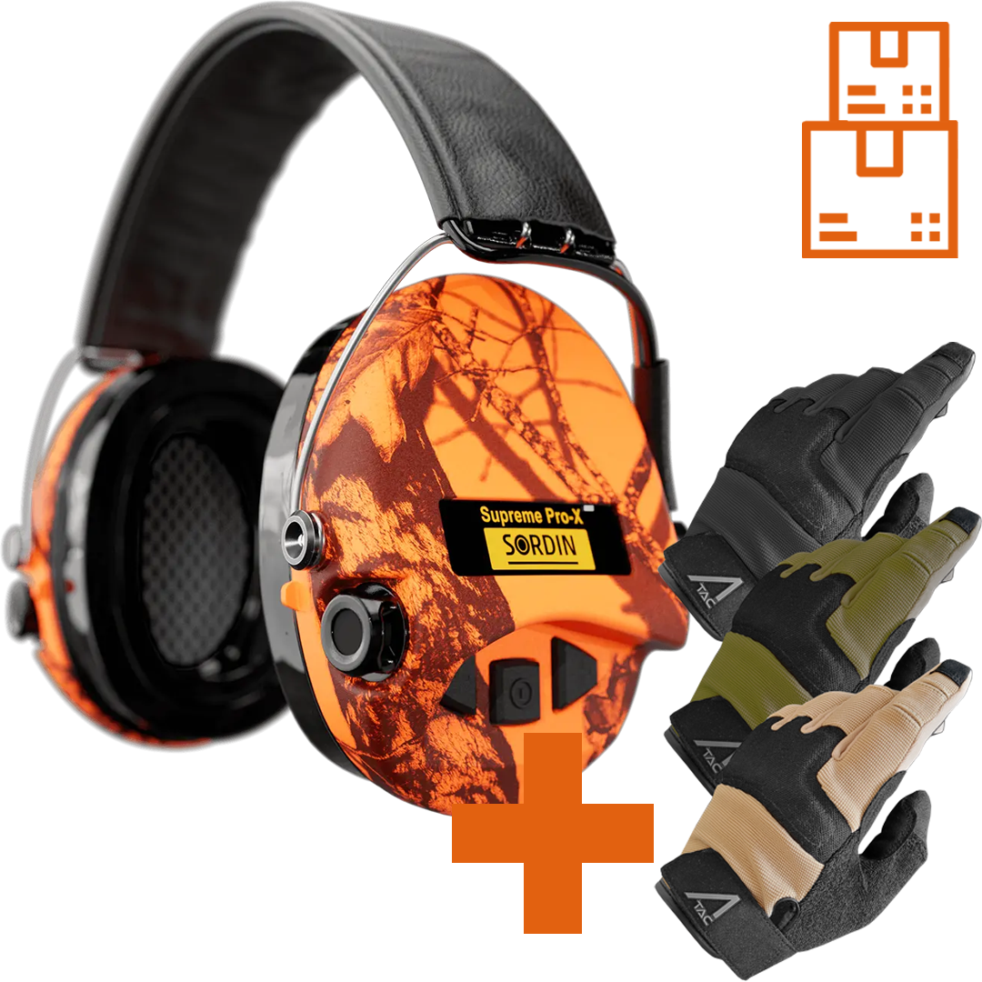 Sordin Supreme Pro-X LED Active Ear Defenders with LED Light & Gel Kits with ACE Schakal Gloves