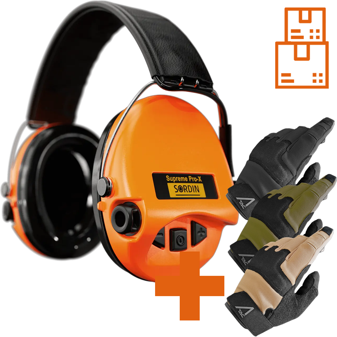 Sordin Supreme Pro-X Active Shooting Earmuff with Gel Cushions with ACE Schakal Gloves