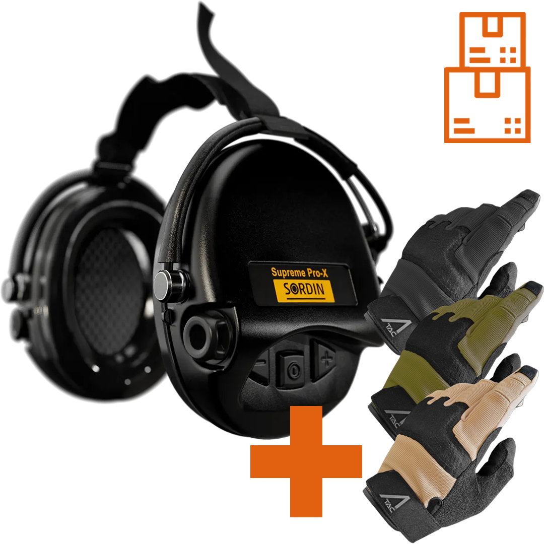 Sordin Supreme Pro-X Active Shooting Earmuff with Neckband & Gel Cushions with ACE Schakal Gloves