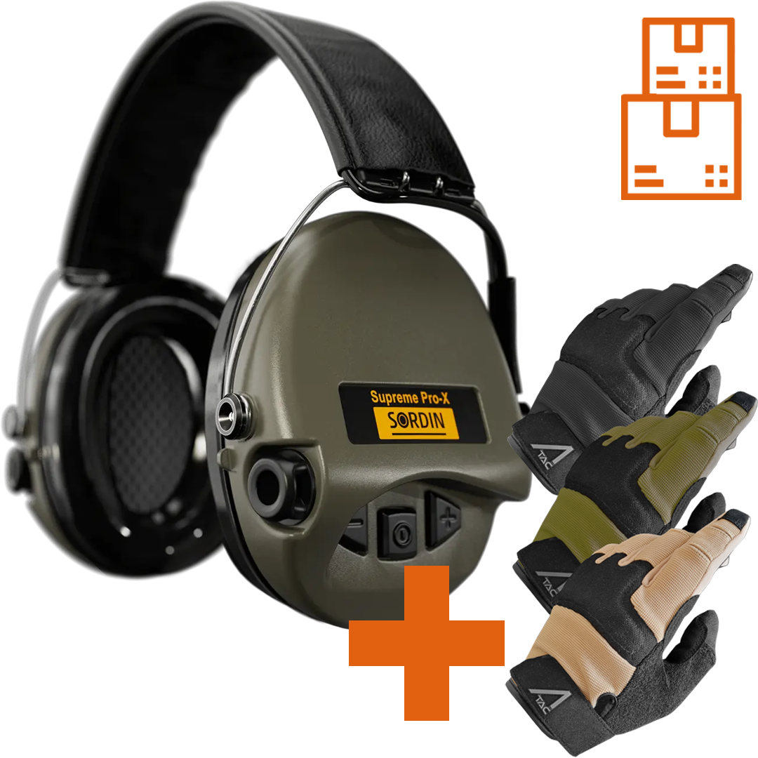 Sordin Supreme Pro-X LED Active Ear Defenders with LED Light & Gel Kits with ACE Schakal Gloves