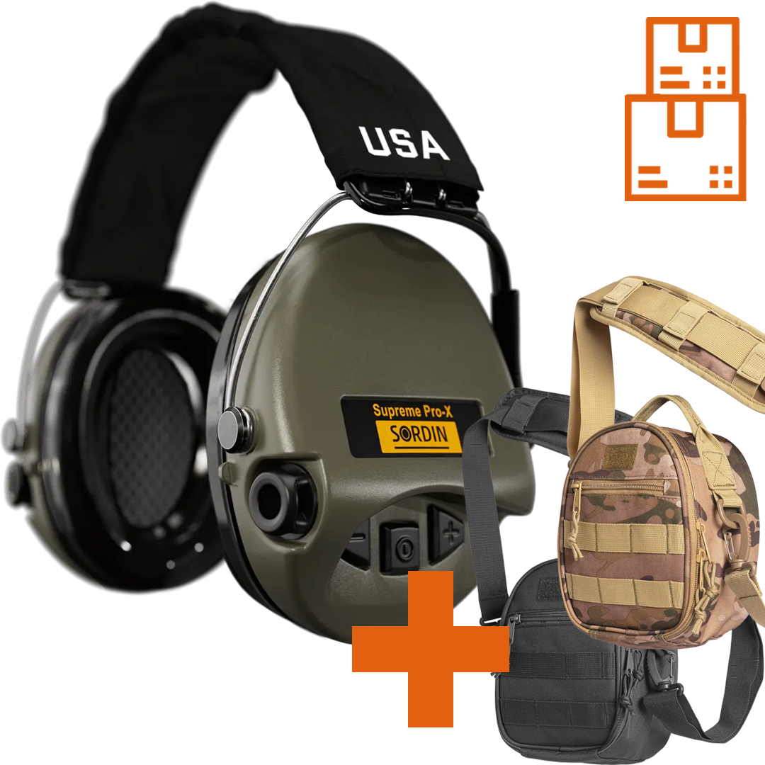 Sordin Supreme Pro-X Active Shooting Earmuff with Printed US Headband & Gel Cushions with ACE Schakal Bag