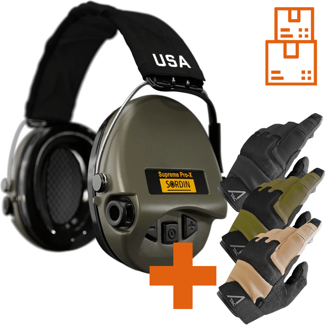 Sordin Supreme Pro-X Active Shooting Earmuff with Printed US Headband & Gel Cushions with ACE Schakal Gloves