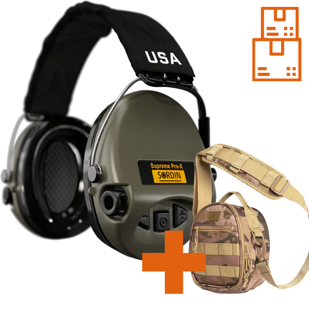 Sordin Supreme Pro-X Active Hearing Protection with Printed Textile US Headband & Gel Cushions with ACE Schakal Bag