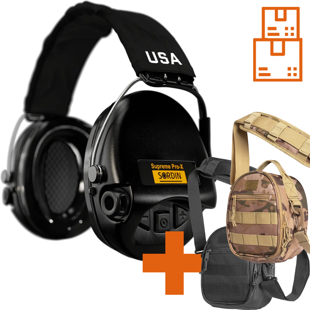 Sordin Supreme Pro-X Active Shooting Earmuff with Printed US Headband & Gel Cushions with ACE Schakal Bag