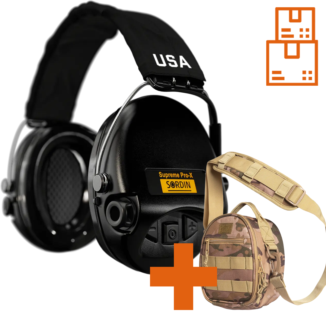 Sordin Supreme Pro-X Active Hearing Protection with Printed Textile US Headband & Gel Cushions with ACE Schakal Bag