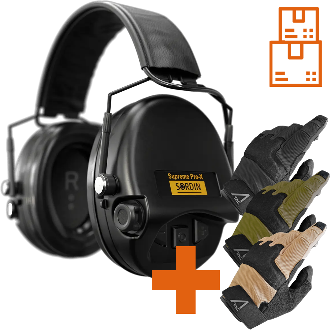 Sordin Supreme Pro-X SFA Active Shooting Earmuff with Flexible Attenuation with ACE Schakal Gloves