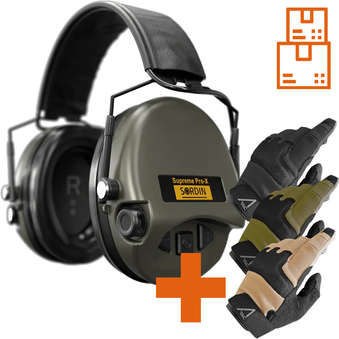 Sordin Supreme Pro-X SFA Active Shooting Earmuff with Flexible Attenuation with ACE Schakal Gloves