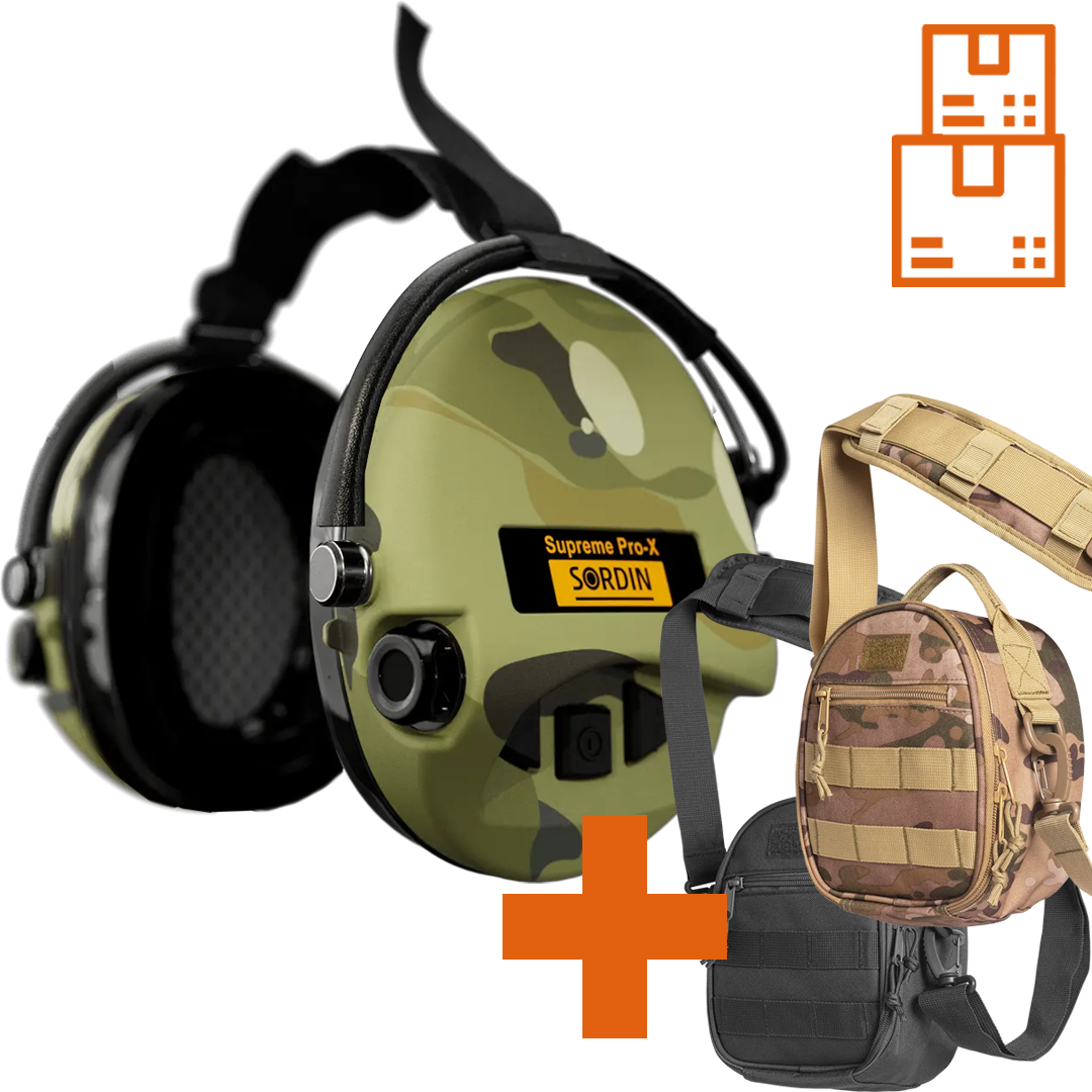 Sordin Supreme Pro-X Camo Active Shooting Earmuff with Neckband & Gel Cushions with ACE Schakal Bag