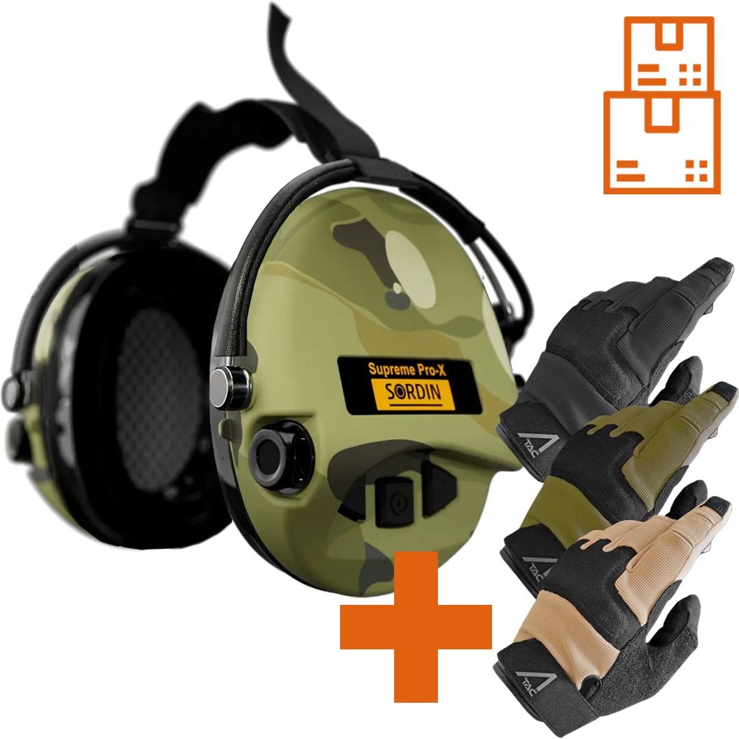 Sordin Supreme Pro-X Camo Active Shooting Earmuff with Neckband & Gel Cushions with ACE Schakal Gloves