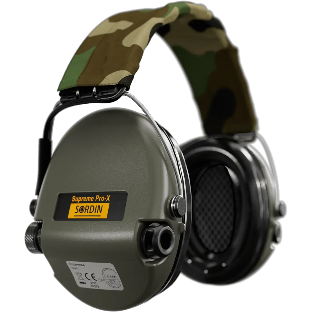 Sordin Supreme Pro-X Active Shooting Earmuff with Gel Cushions, Camo Headband