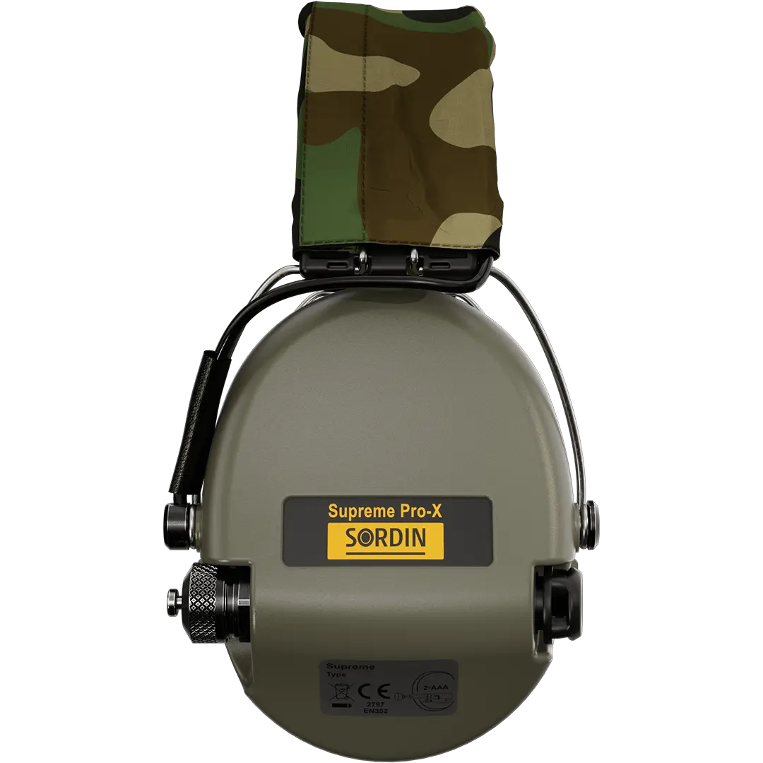 Sordin Supreme Pro-X Active Shooting Earmuff with Gel Cushions, Camo Headband