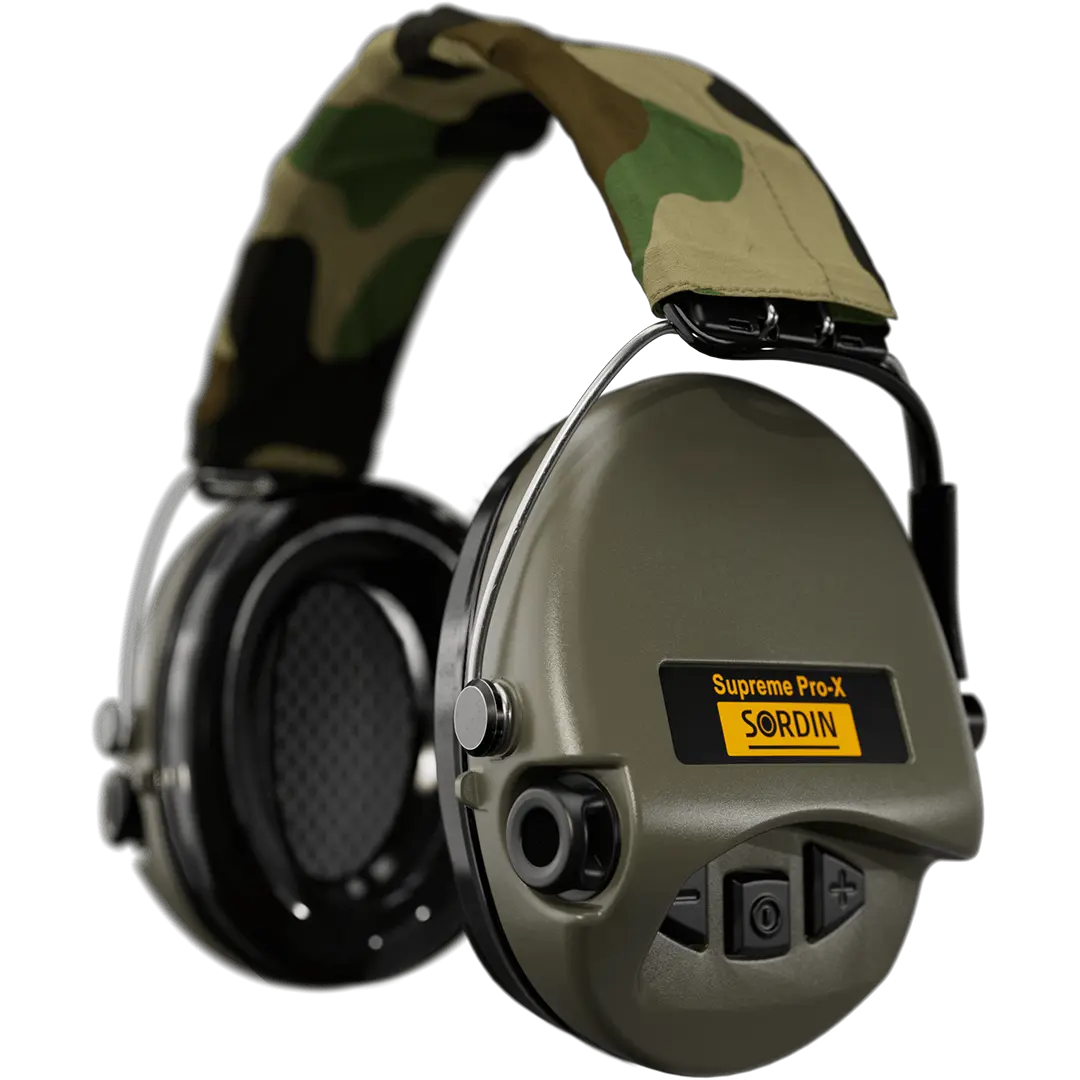 Sordin Supreme Pro-X Active Shooting Earmuff with Gel Cushions, Camo Headband