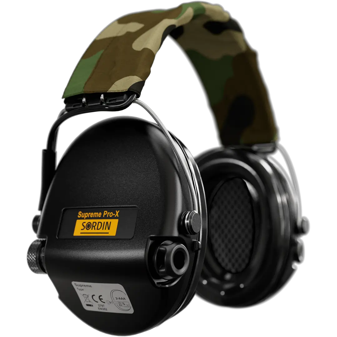 Sordin Supreme Pro-X Active Shooting Earmuff with Gel Cushions, Camo Headband