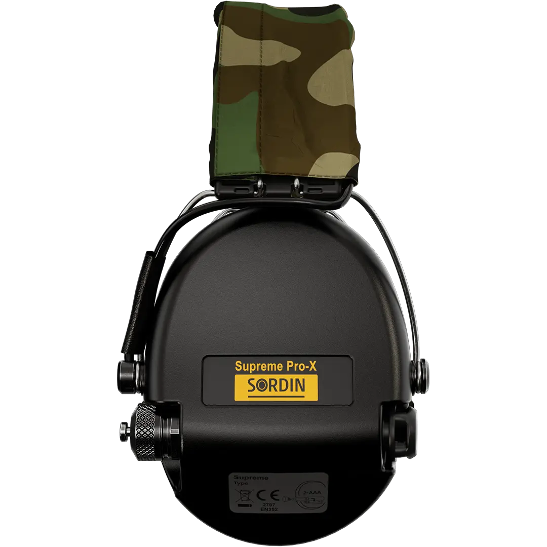 Sordin Supreme Pro-X Active Shooting Earmuff with Gel Cushions, Camo Headband