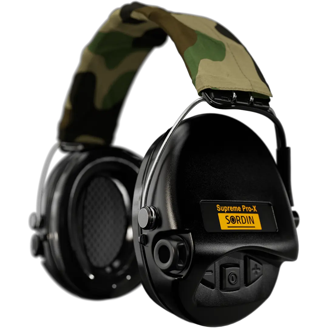 Sordin Supreme Pro-X Active Shooting Earmuff with Gel Cushions, Camo Headband